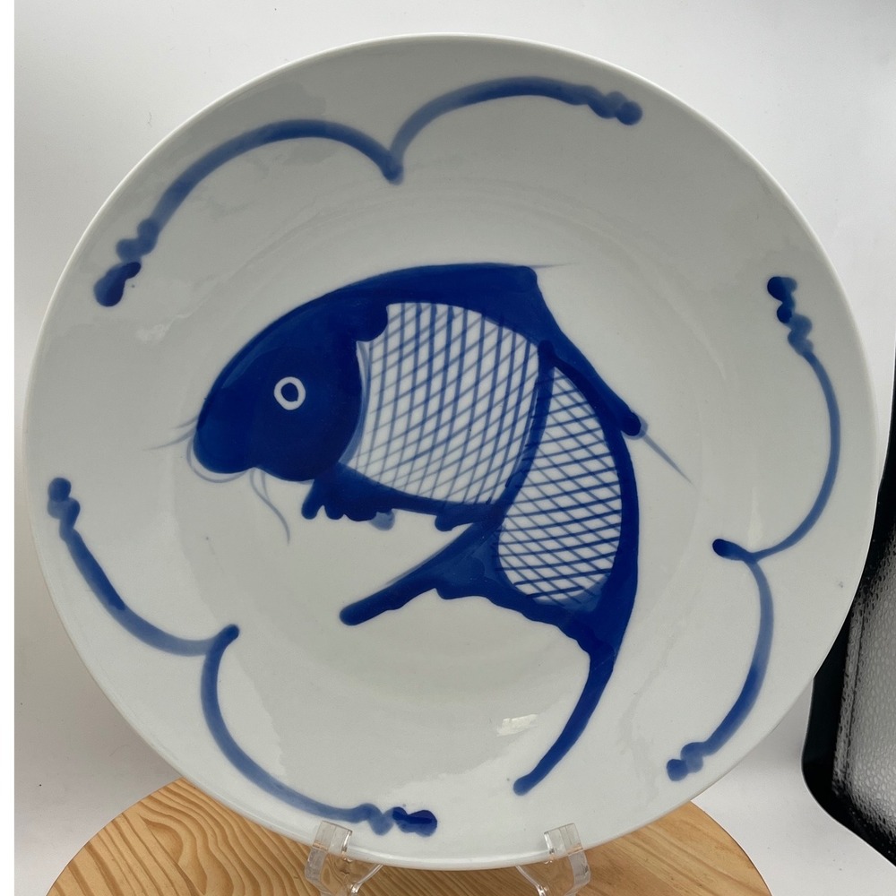 Vintage Misty Rose Koi Fish 10.5" Plate Super White China Blue